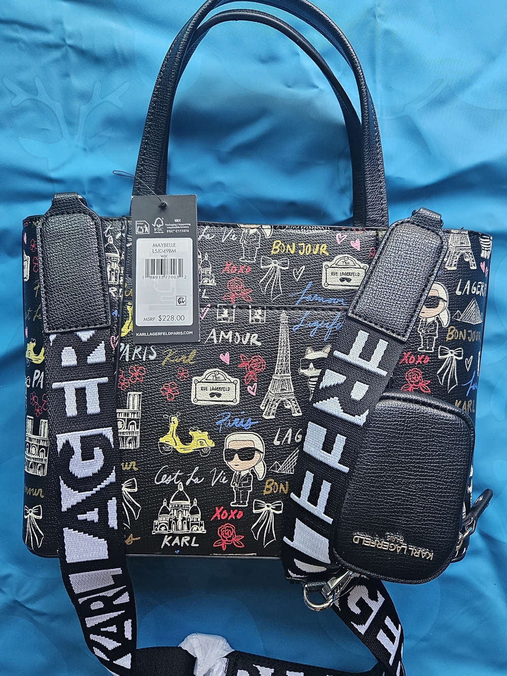 Karl Lagerfeld Black Paris Print Tote with Logo Strap - Picture 6 of 7